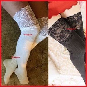 Lace Top Thigh High Over The Knee Socks Ribbed Sexy Bedroom Lingerie 2 Pairs New